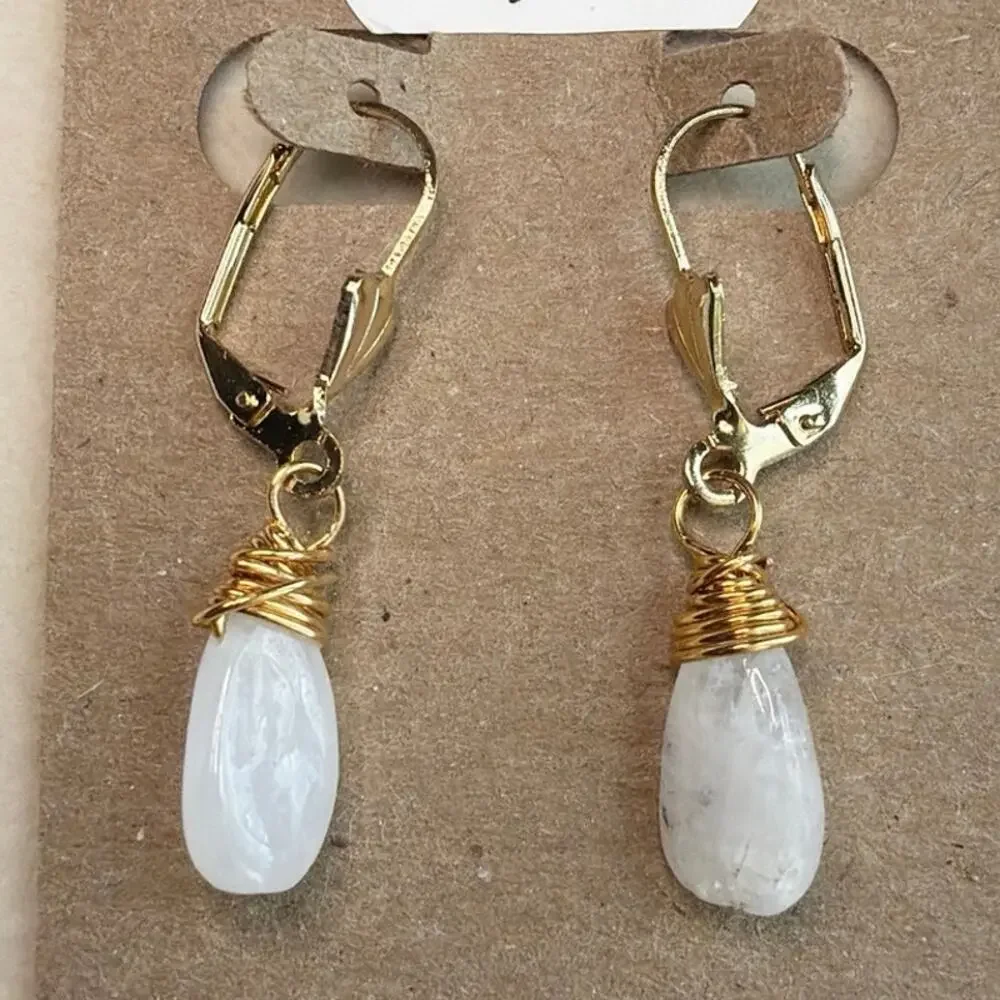 Rainbow Moonstone Drop Earrings, 18K Gold Plated, Wire Wrapped, Artisan, White